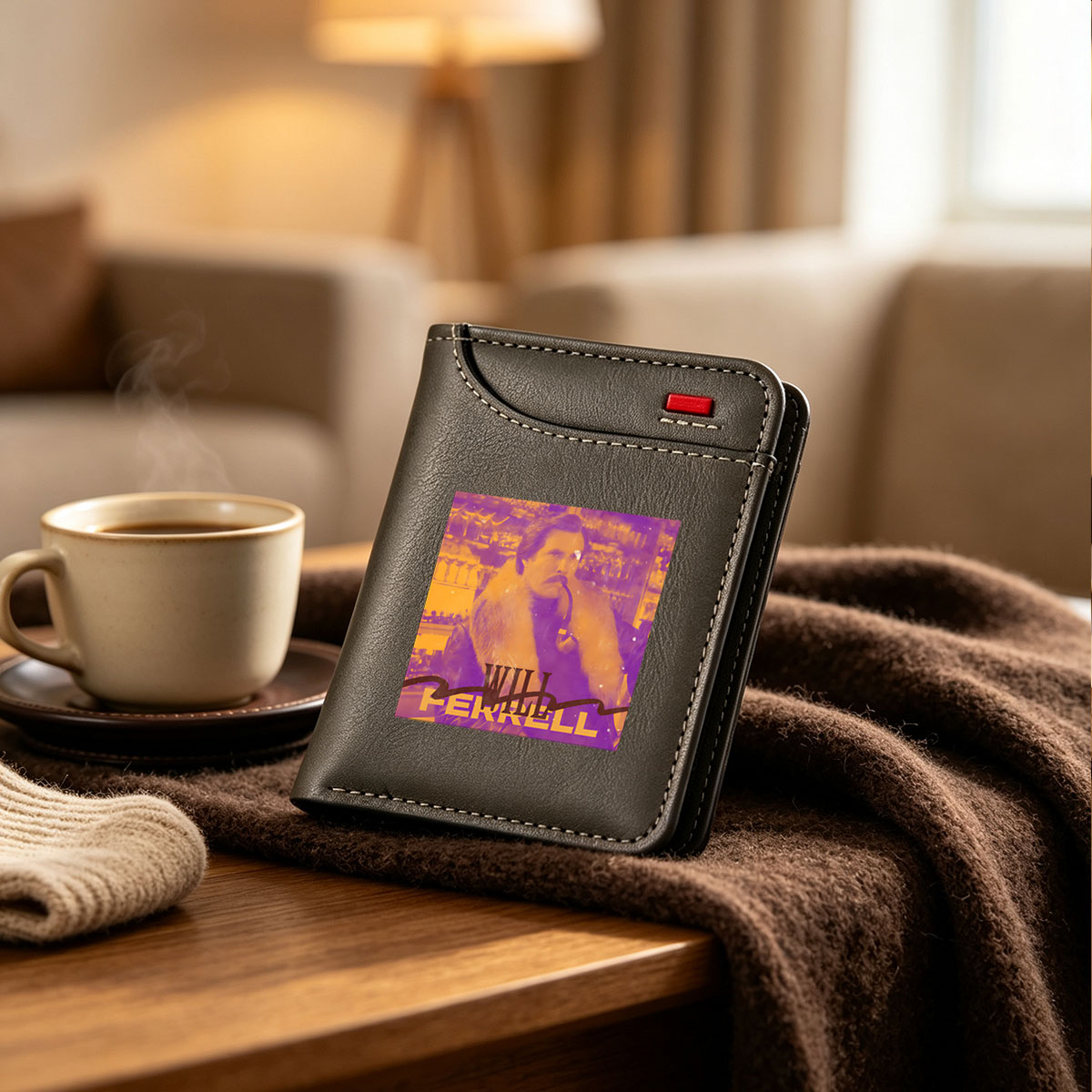 Will Ferrell as Ron Burgundy in Anchorman, smoking a pipe in a bar setting - Vertical Style Wallet
