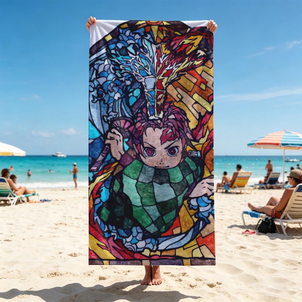 Demon Slayer Tanjiro Kamado Stained Glass Art - Beach towels