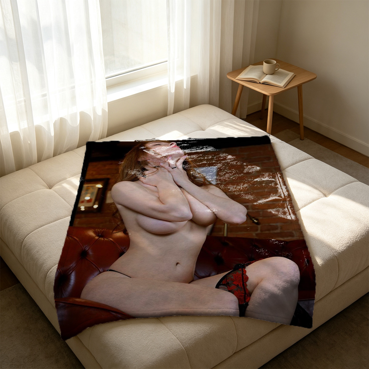 Nude Brunette Lying on Bed Looking at Camera - Blanket