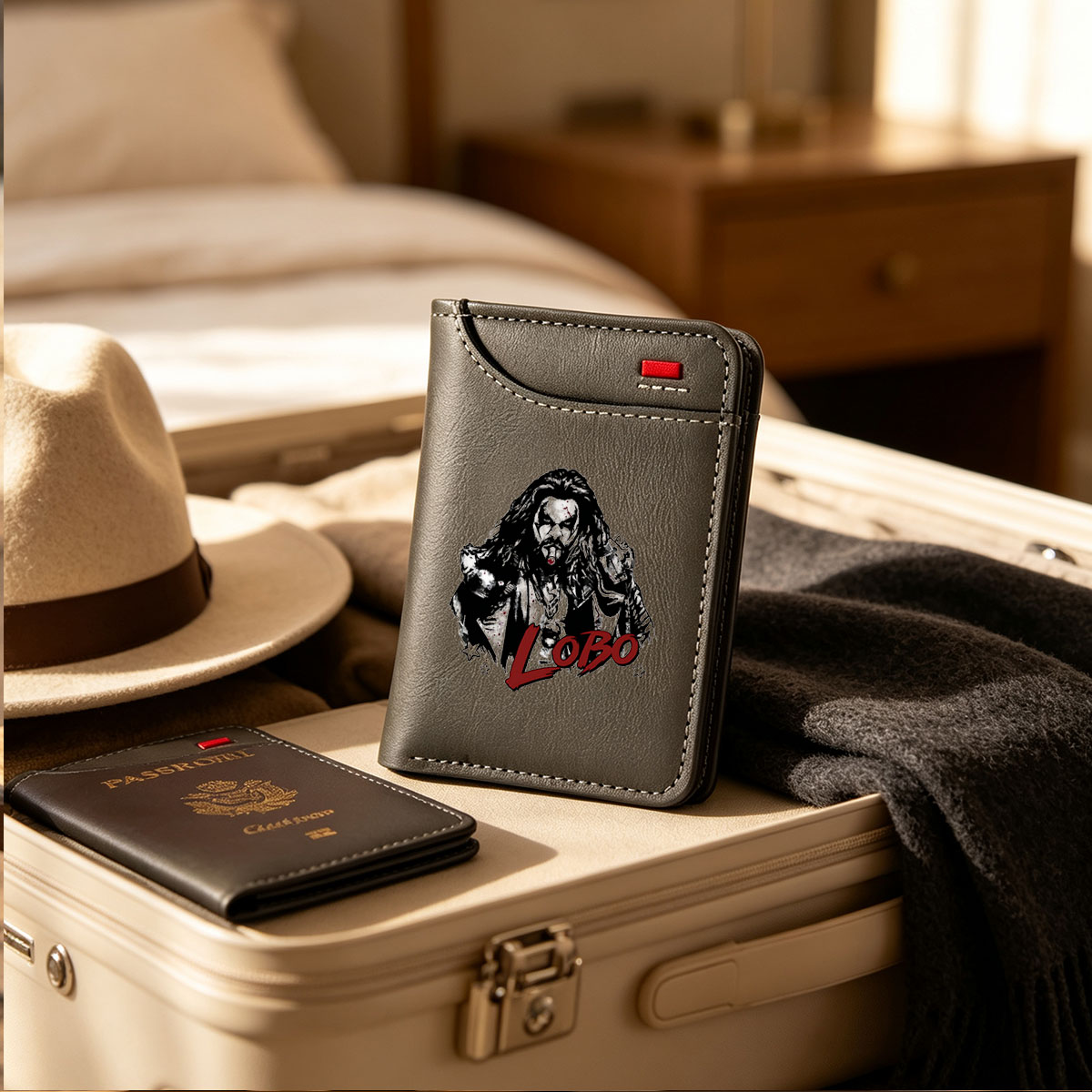 Lobo: The Dark Warrior with Long Hair and Blood-Stained Jacket - Vertical Style Wallet