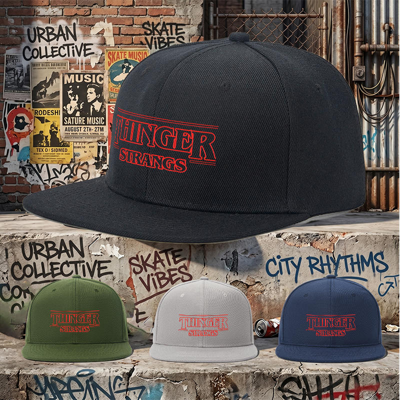 Flat Brim Baseball Cap Thinger Strangs Logo Print Streetwear Underground Skate Style for Basketball Court Skate Park Urban Lifestyle Skaters Rappers Streetwear Enthusiasts