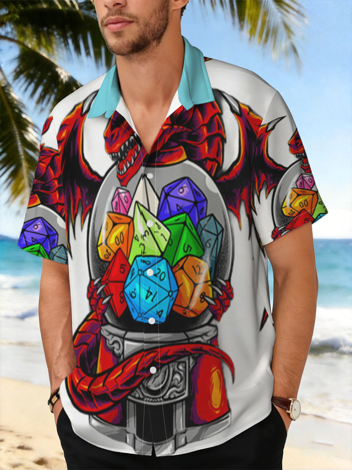Red Dragon Guarding a Crystal Ball with Colorful Dice -  Shirt