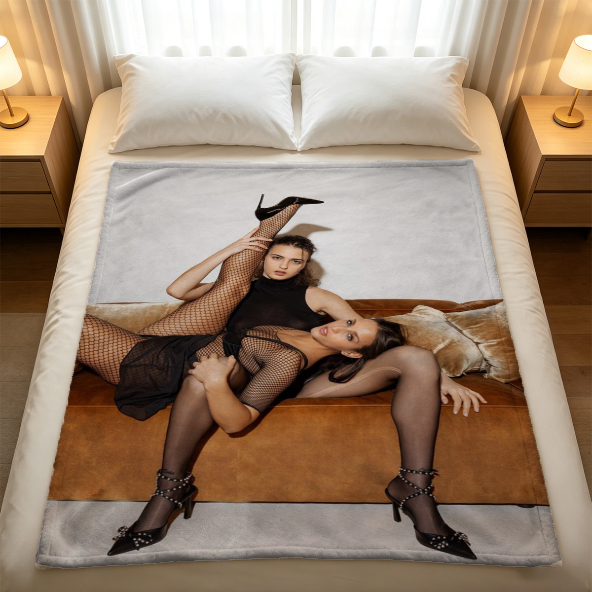 Nude Asian beauty in black cat ears and stockings posing seductively in luxury hotel room. - Blanket