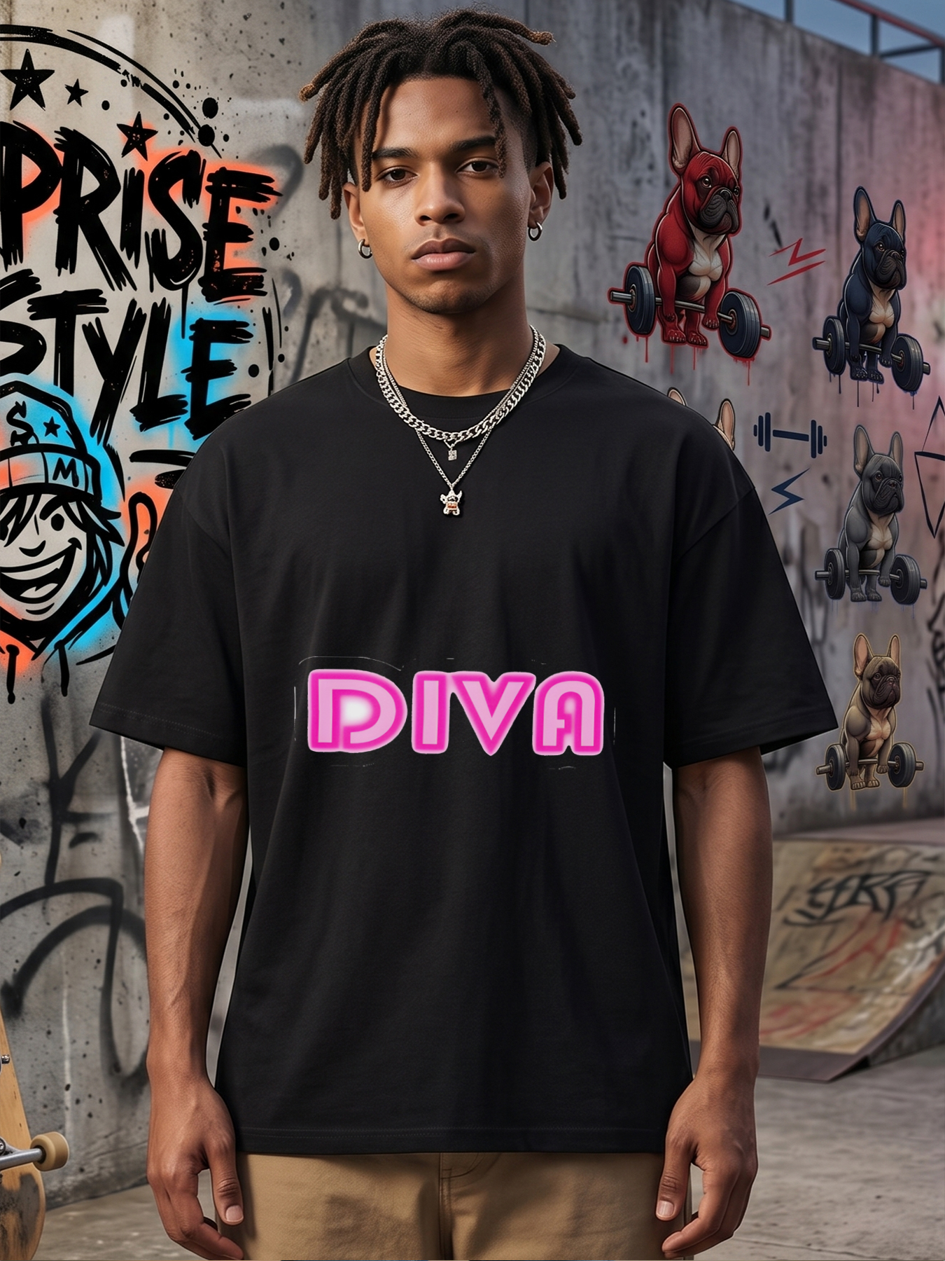 Men's Printed T-Shirt Diva Neon Pink Text Graphic Casual Round Neck Summer Lightweight Breathable Short Sleeve Tee for Trendy Urban Lifestyle Adults