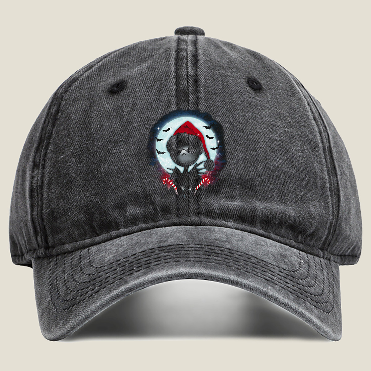 Jack Skellington in Santa Hat with Candy Canes Against Moonlit Sky - Washed Denim - Baseball Cap