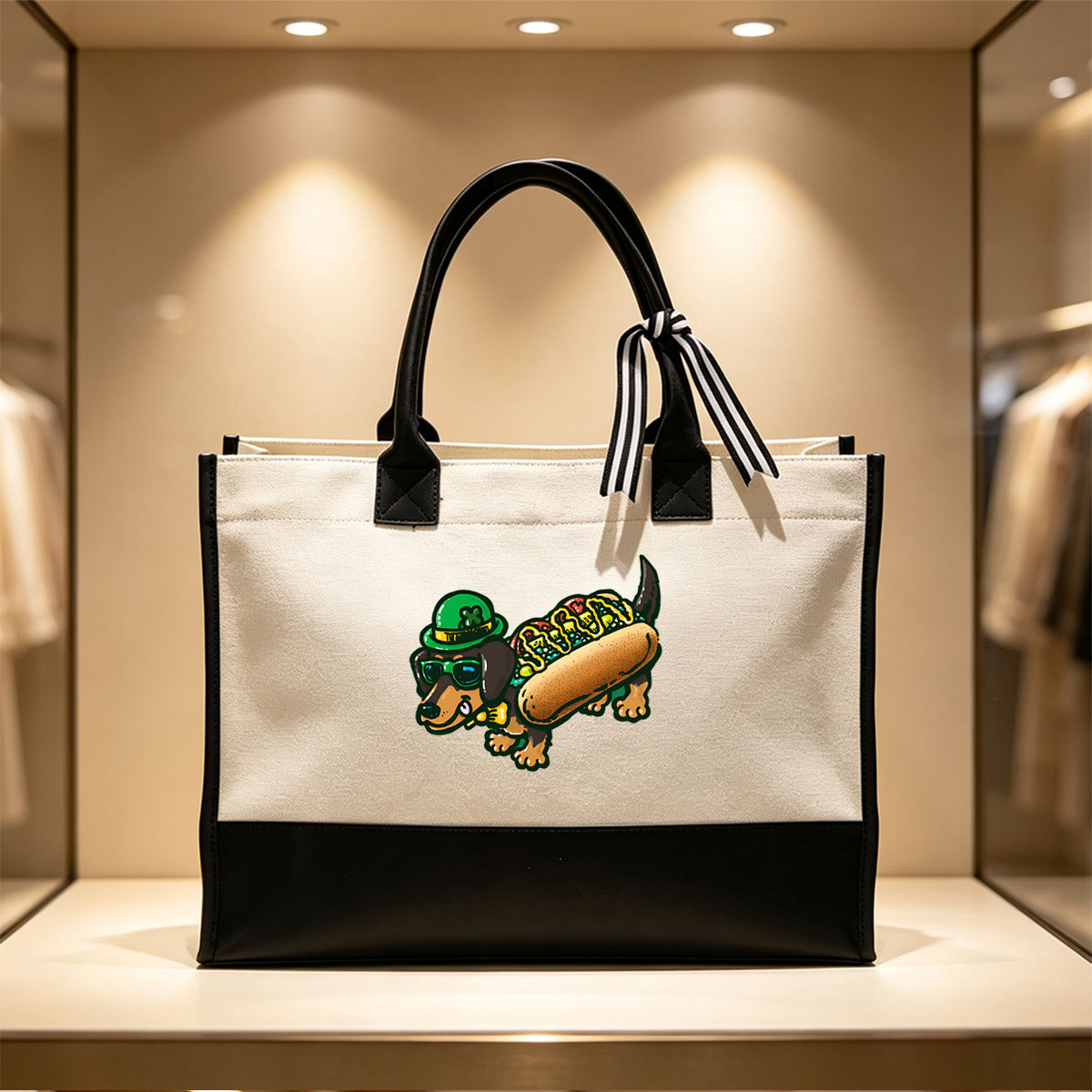 Dachshund in Green Hat and Sunglasses with Hot Dog Body - Canvas patchwork gift tote bag