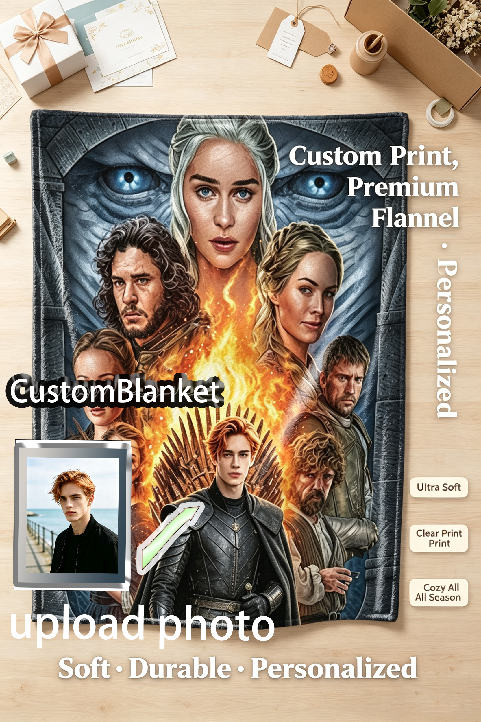Custom Face Blanket Game of Thrones Flannel Blanket for Couch, Bed, or Travel – Perfect Gift or Giveaway for Fans