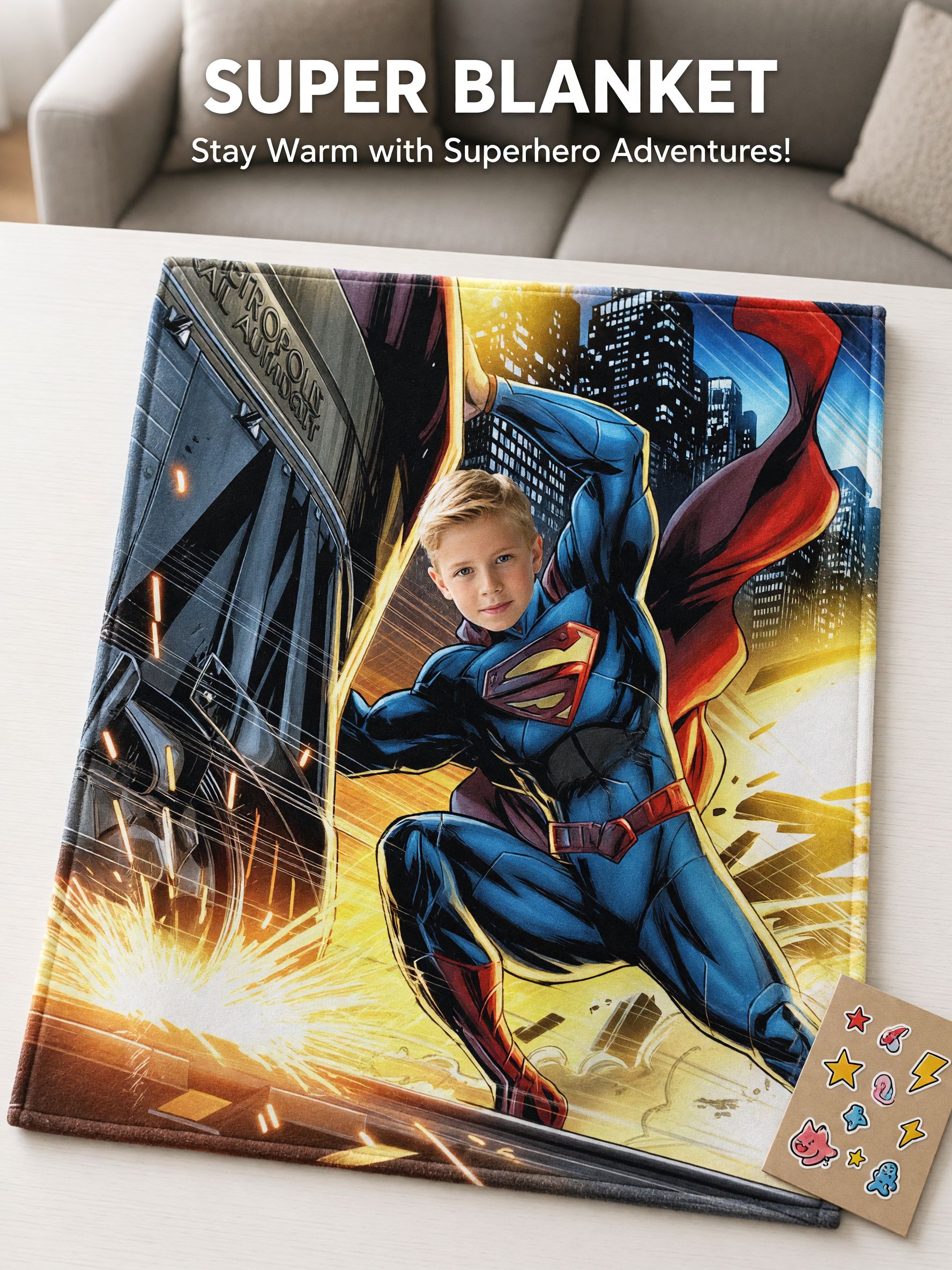 Custom Superhero Face Blanket Personalized Photo Flannel Throw Soft Anti-Pilling Fleece Bed Blanket for Kids
