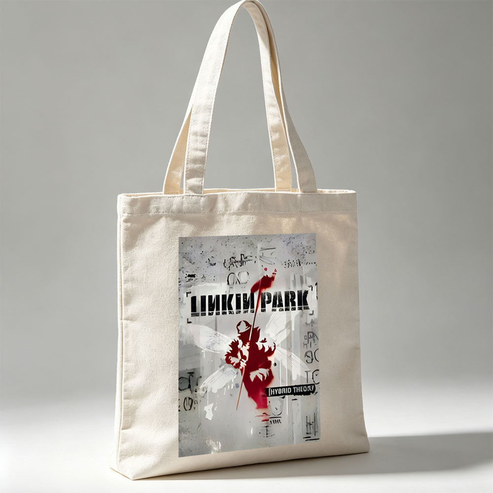 Linkin Park Album Cover Featuring a Red Silhouette of an Angel with Wings and a Spear Against a Graffiti-Style Background - Canvas tote bags