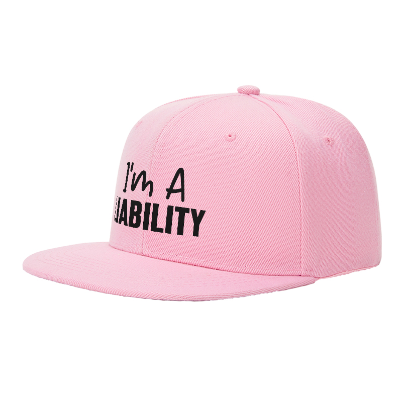 Flat Brim Baseball Cap I'm A LIABILITY Print Streetwear Underground Skate Style for Basketball Court Skate Park Urban Lifestyle Skaters Rappers Streetwear Enthusiasts
