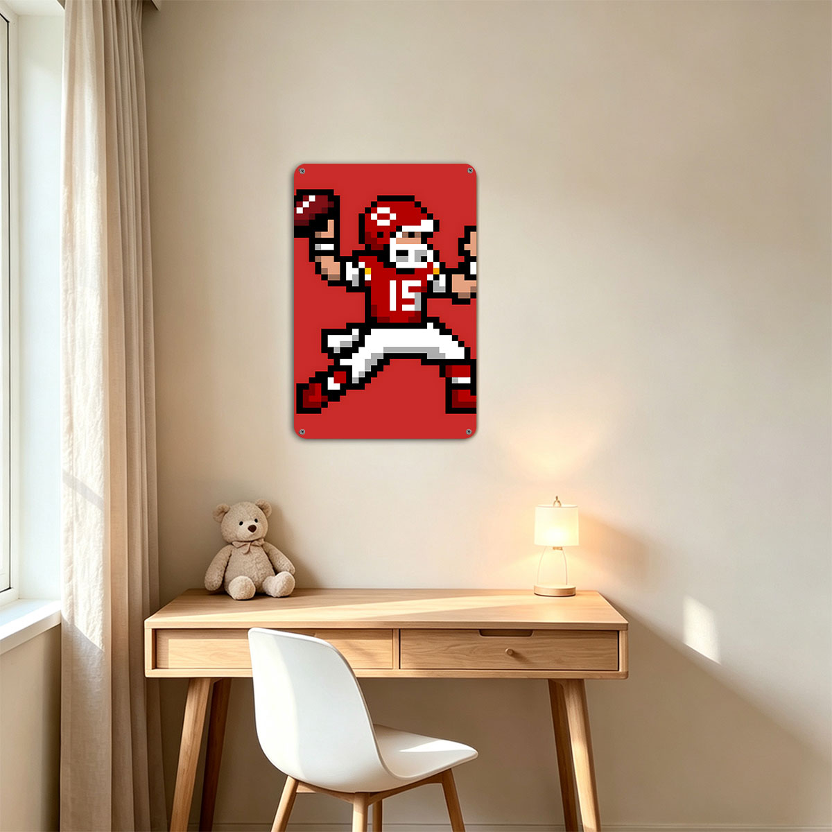 Pixel Football Player in Red Uniform, Number 15, Celebrating with Ball - painting