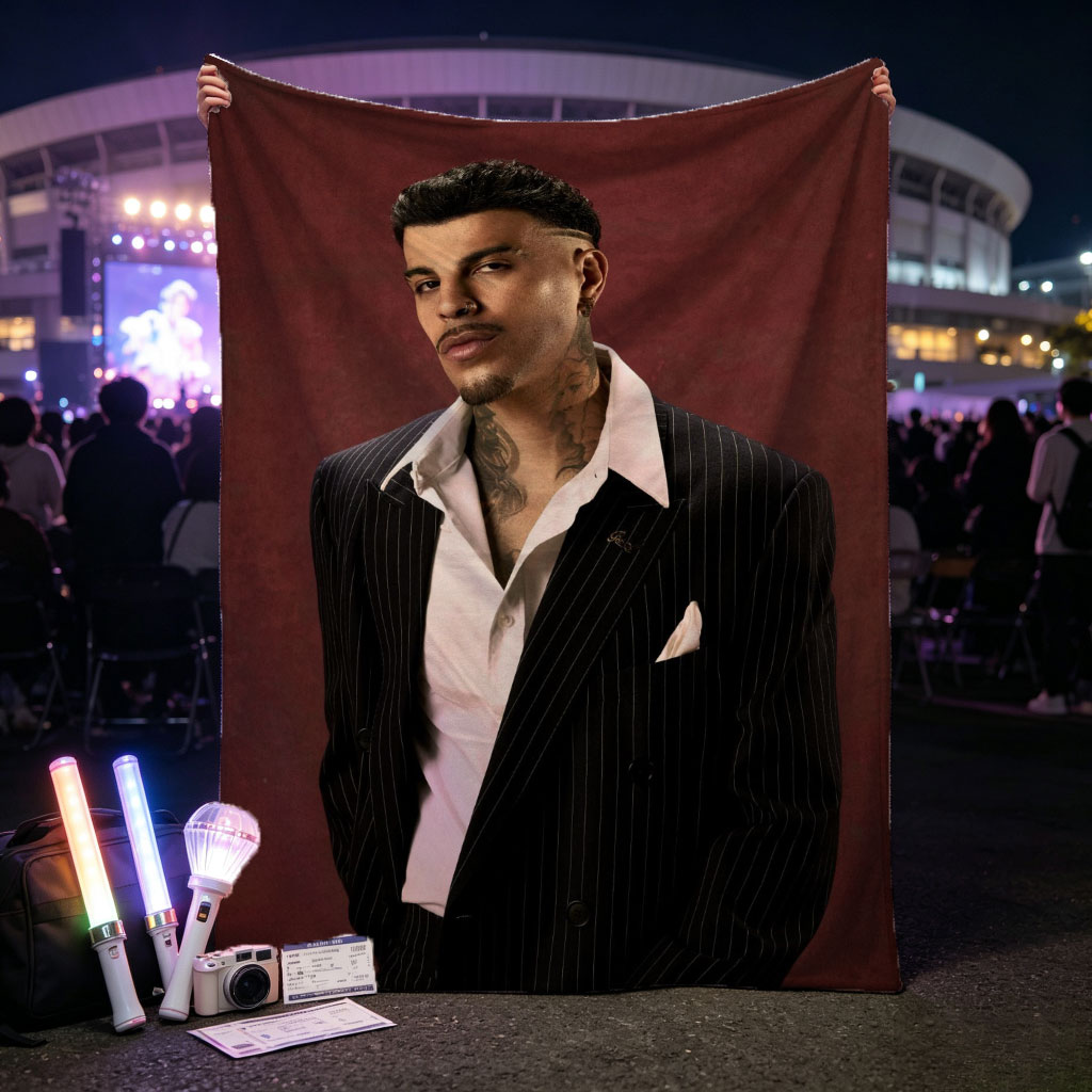 Maluma in a Pinstripe Suit Against a Deep Red Background - Blankets