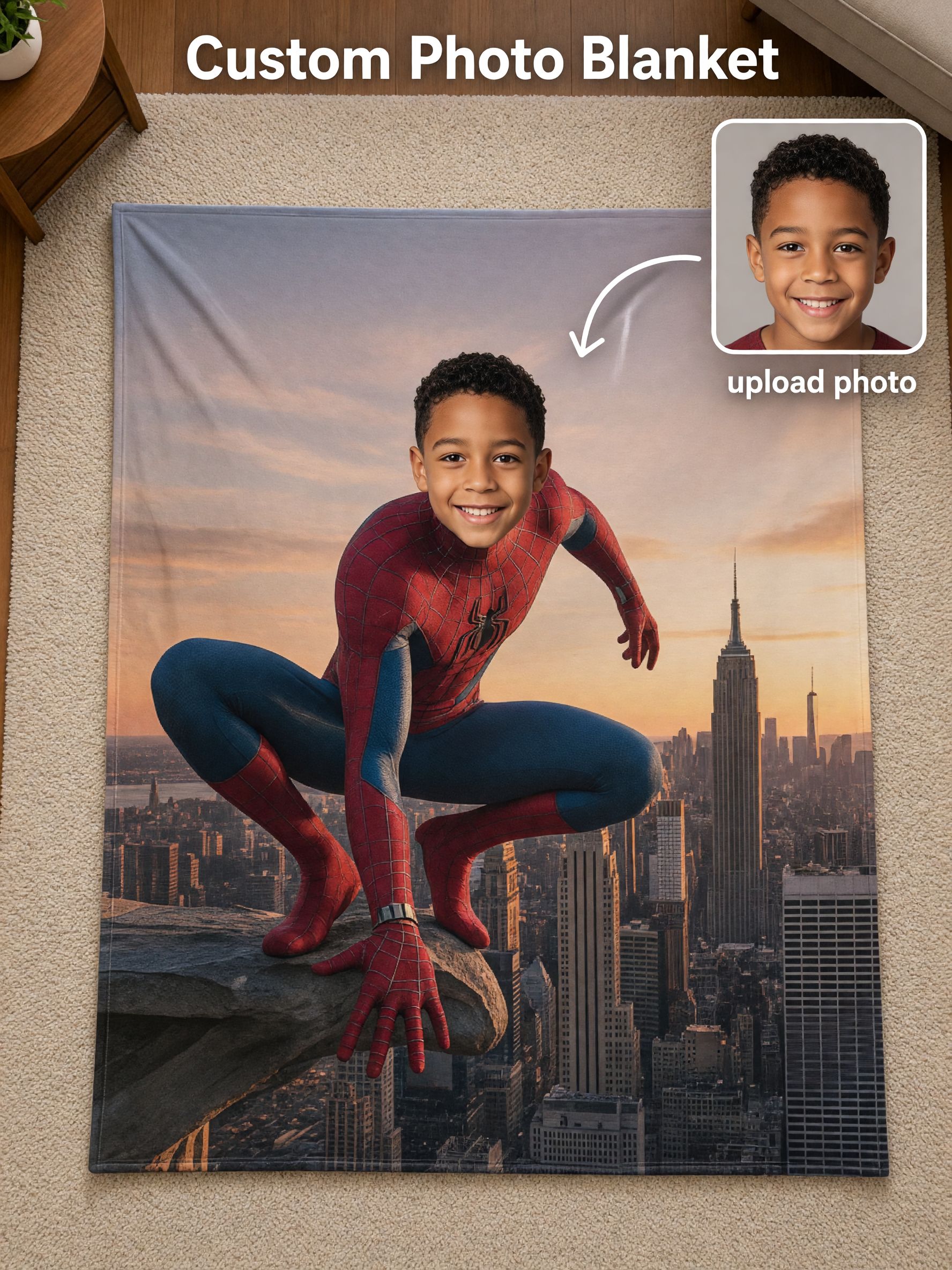 Custom Face Photo Superhero Flannel Throw Blanket Personalized City Hero Ultra Soft Cozy Bed Couch Fleece Gift for Kids