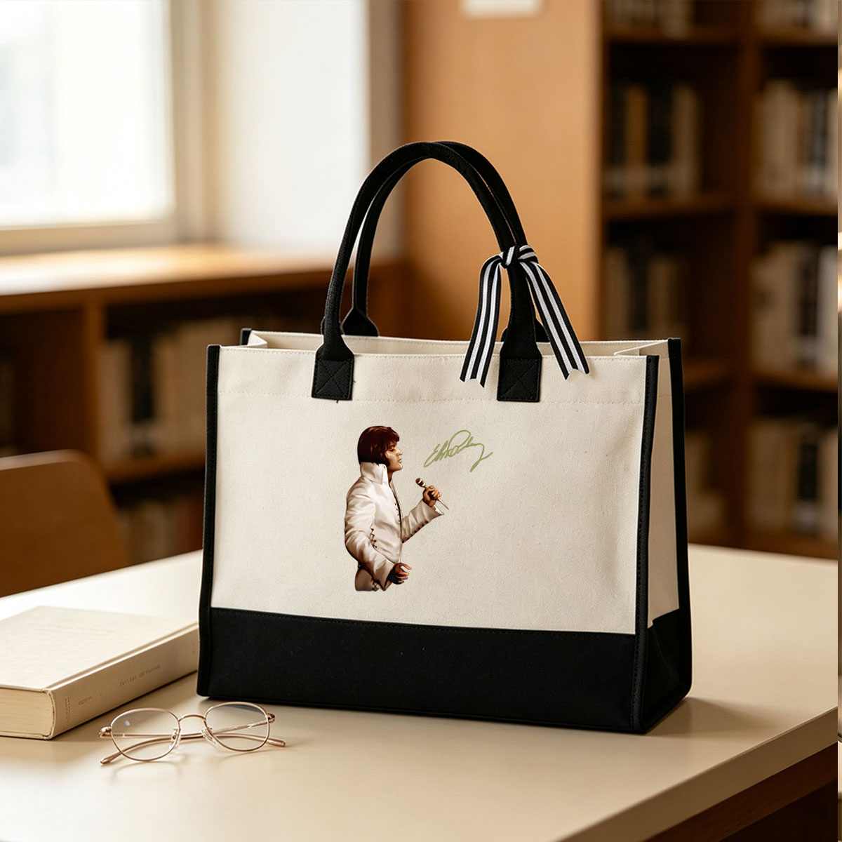 Elvis Presley in White Jumpsuit Holding Microphone - Canvas patchwork gift tote bag