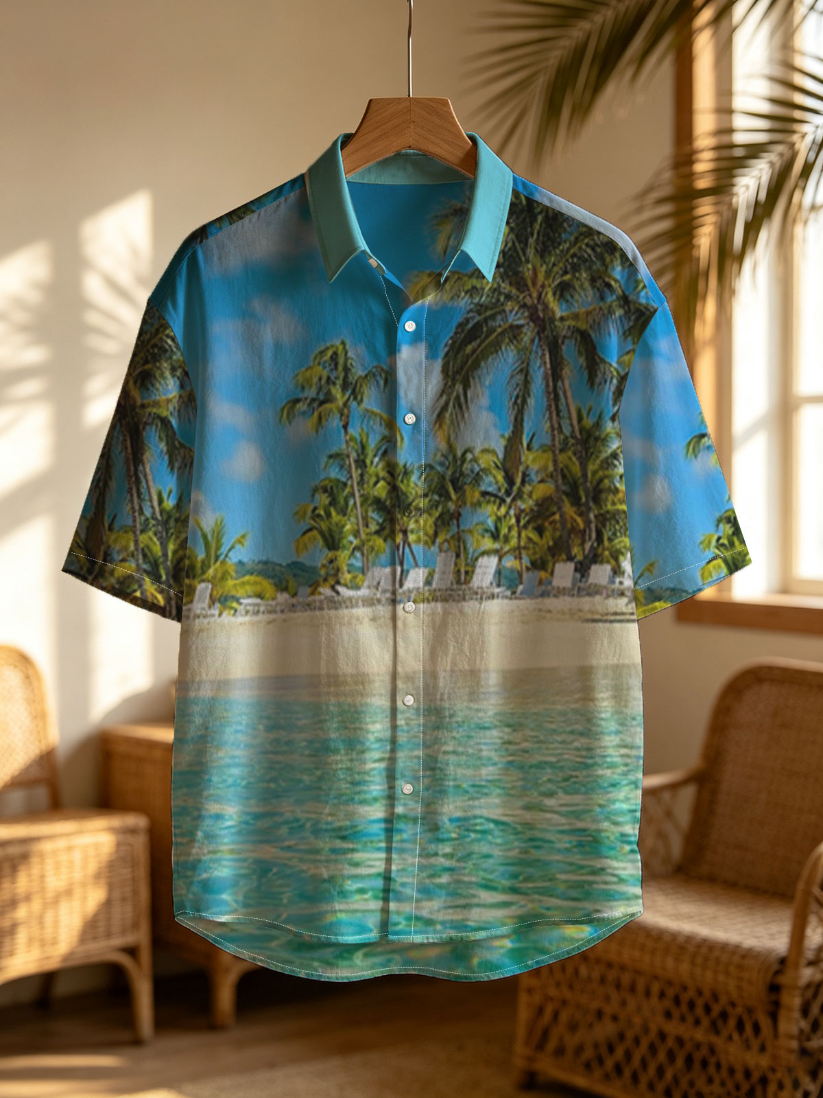 Crystal clear waters meet sandy beach with palm trees and lounge chairs under a bright blue sky. -  Shirt
