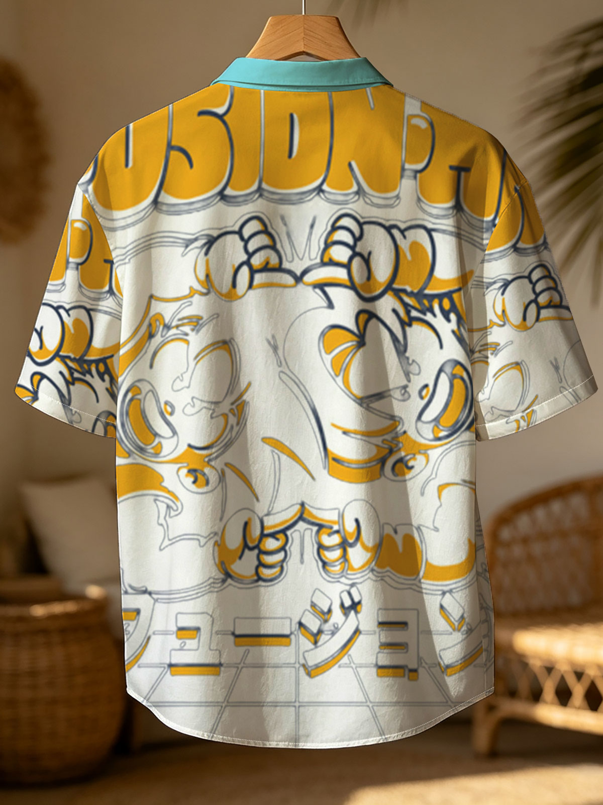 Fusion-Ha: Two Cartoon Characters in Dynamic Pose with Japanese Text and Palm Trees Background -  Shirt