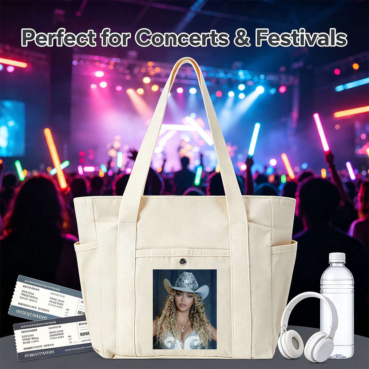 Beyonce in Cowboy Hat and Sparkling Outfit with Long Curly Hair - Multi-pocket bags