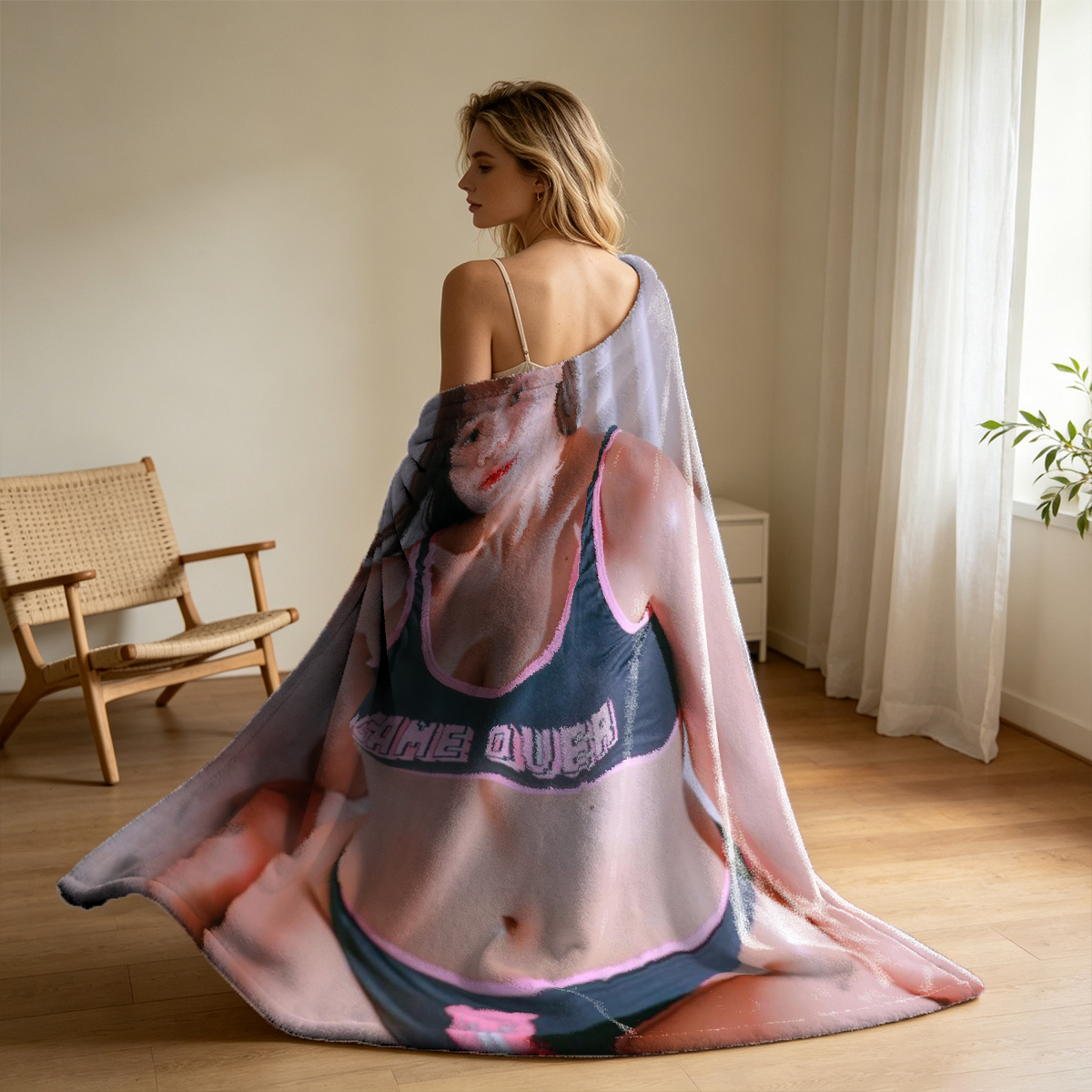 Nude Blonde by the Pool Holding a Lifebuoy - Blanket