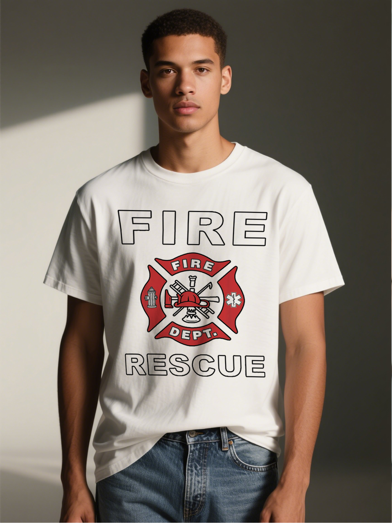 Men's Fire Rescue Department Print T-Shirt with Maltese Cross and Firefighter Emblem Graphic, Casual Round Neck Lightweight Breathable Summer Short Sleeve Tee for Firefighters, Emergency Responders, and Outdoor Enthusiasts