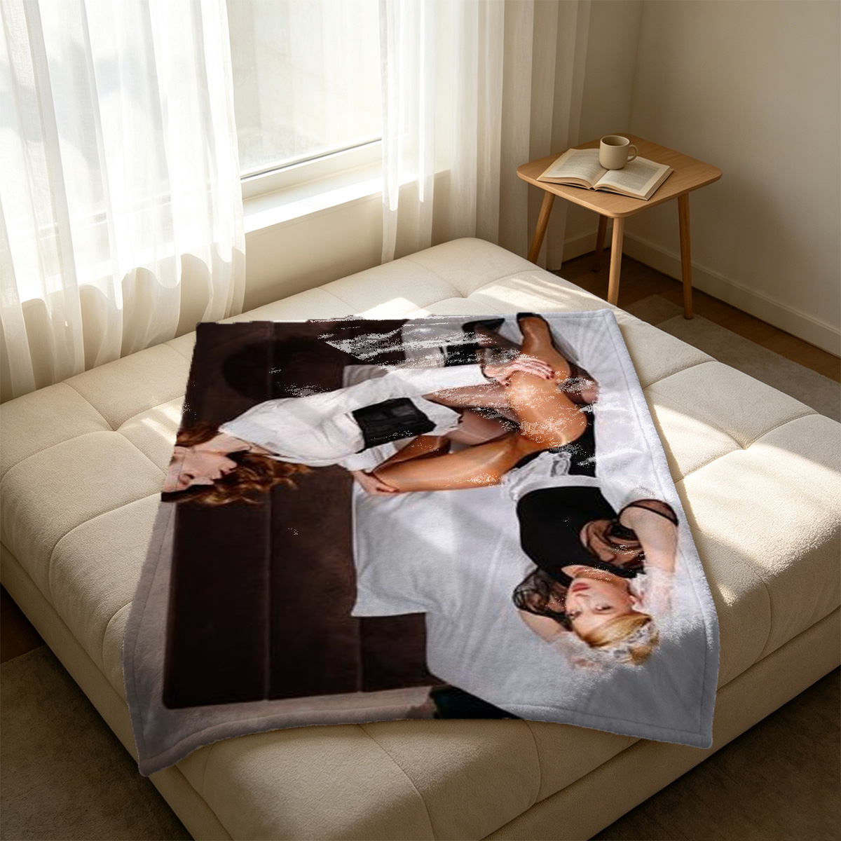 Exotic Beauty in Black Lingerie Kneeling on Rug - Blanket
