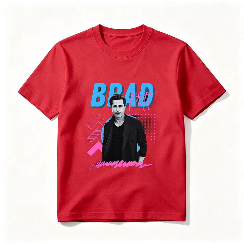 Brad Pitt in a stylish black suit against a vibrant graphic background with bold text and geometric patterns. - Tee