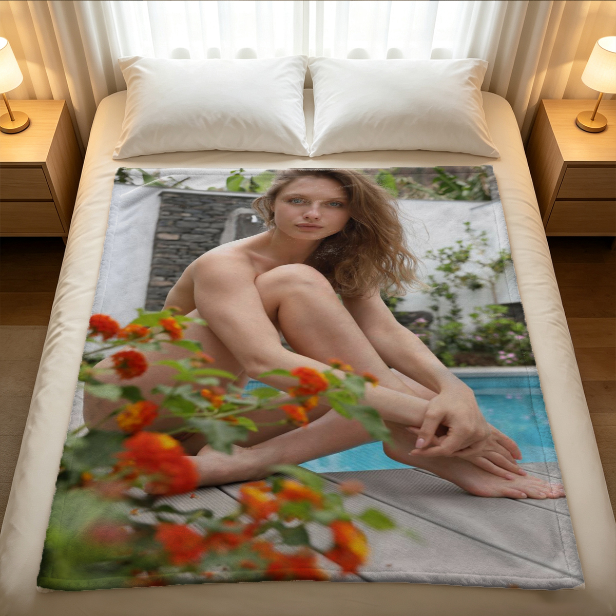 Nurse in sheer white lingerie kneeling on couch biting red ribbon. - Blanket