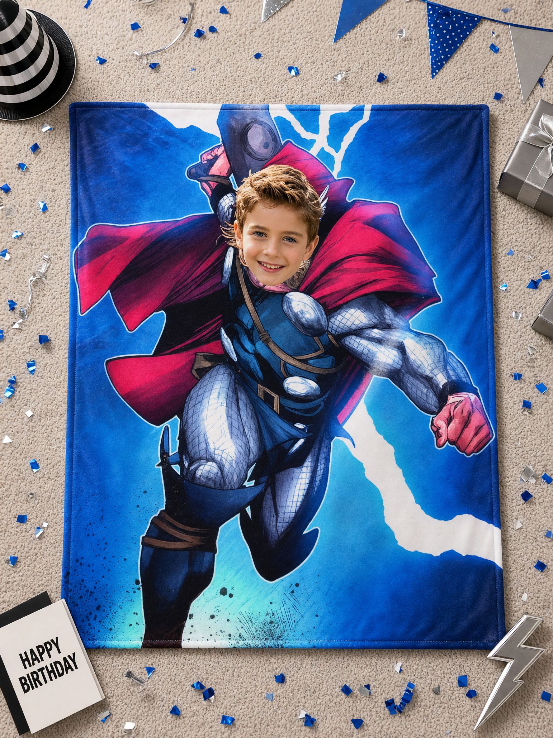 Custom Face Superhero Fleece Blanket Personalized Photo Lightning Throw Ideal Warm Gift for Kids and Bed Couch