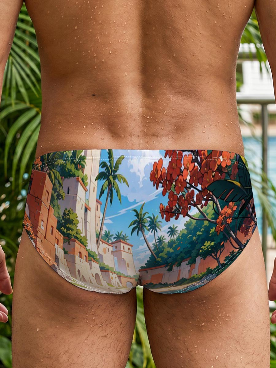Tropical Beach with Ancient Ruins and Lush Vegetation -  Men's swim trunks