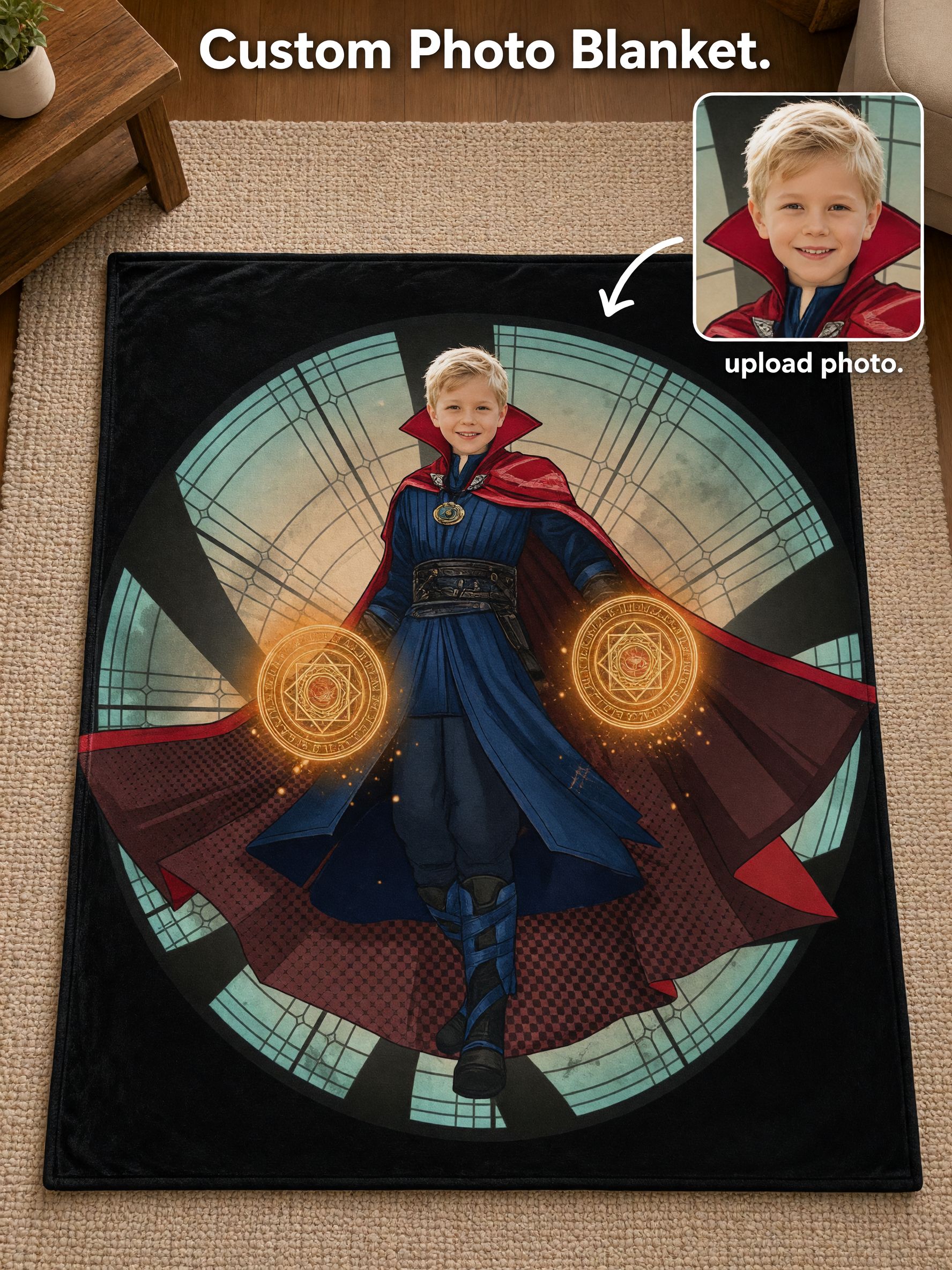 Personalized Superhero Face Blanket Custom Photo Magic Sorcerer Flannel Throw Cozy Gift for Kids and Adults