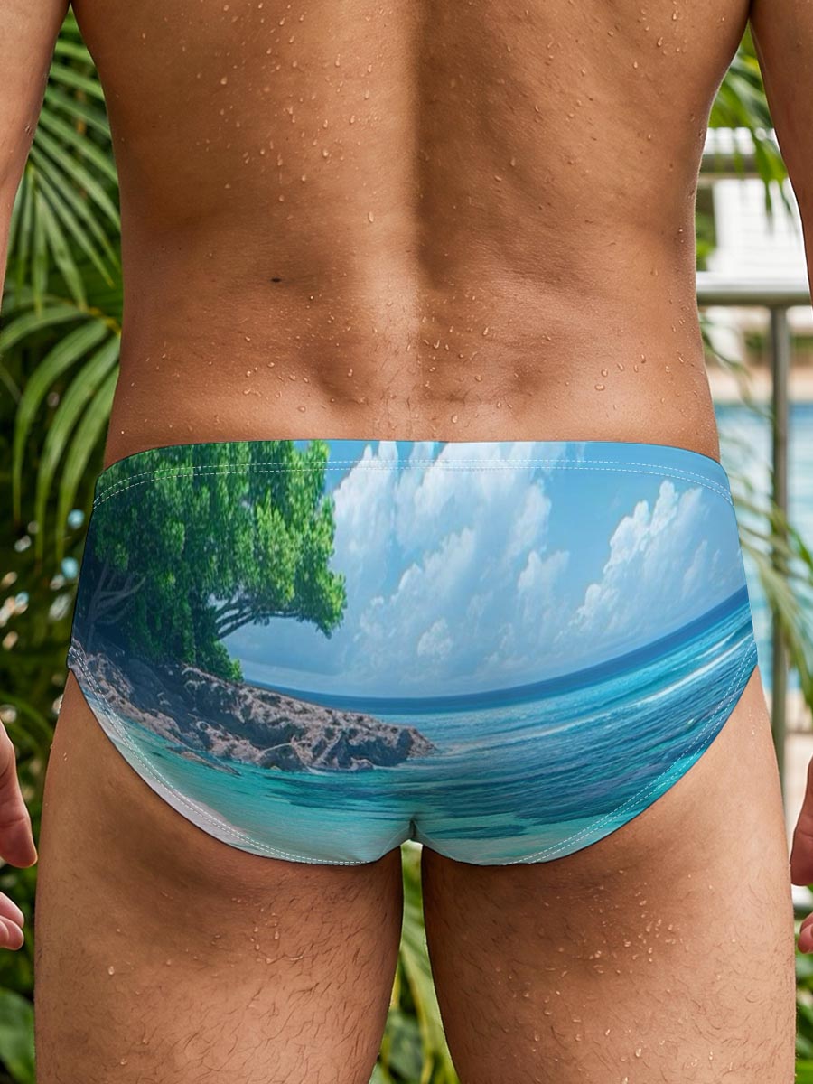 Tropical Beach with Crystal Clear Water and Lush Greenery -  Men's swim trunks