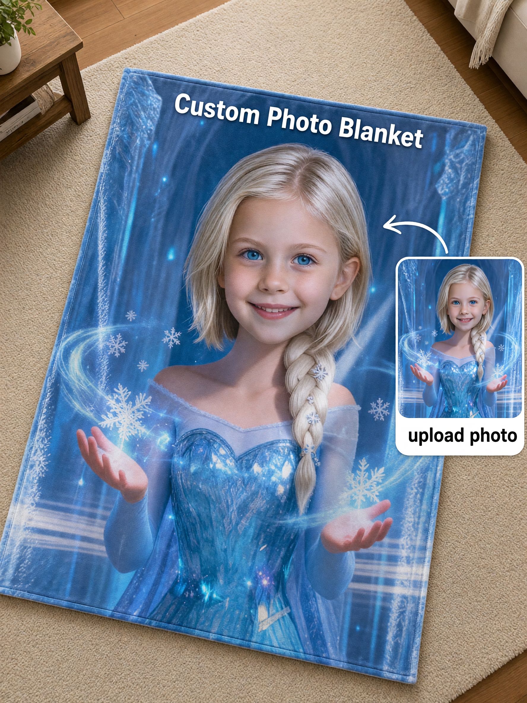 Custom Face Photo Blanket, Magical Ice Princess Ultra Soft Flannel Throw, Personalized Cozy Gift for Kids and Family