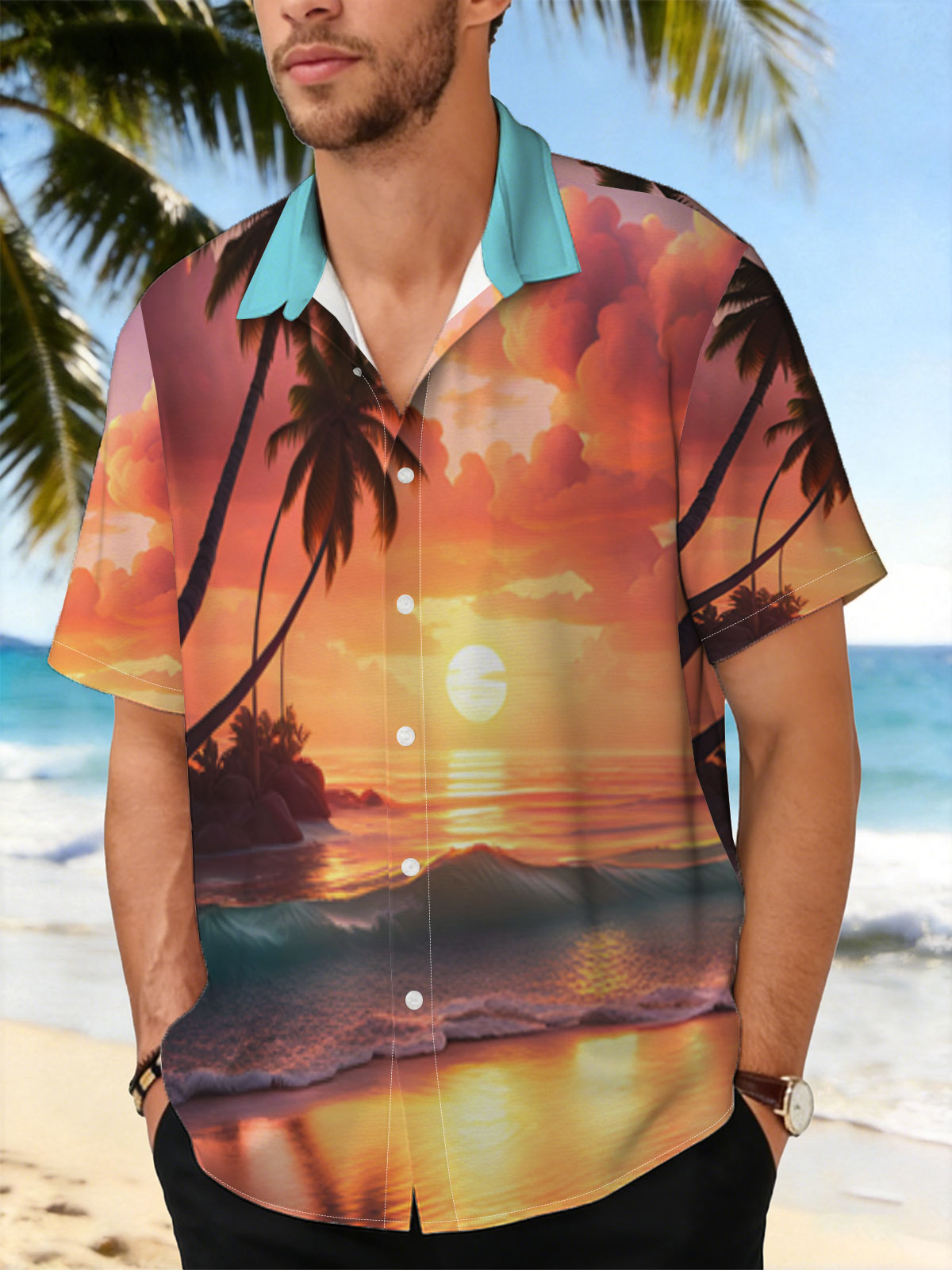 Tropical Sunset Beach with Palm Trees and Golden Waves -  Shirt