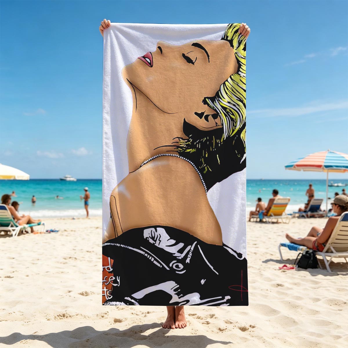Miley Cyrus in a stylized portrait with bold yellow hair and a black top, artwork by Nerd Jersey Arts. - Beach towels