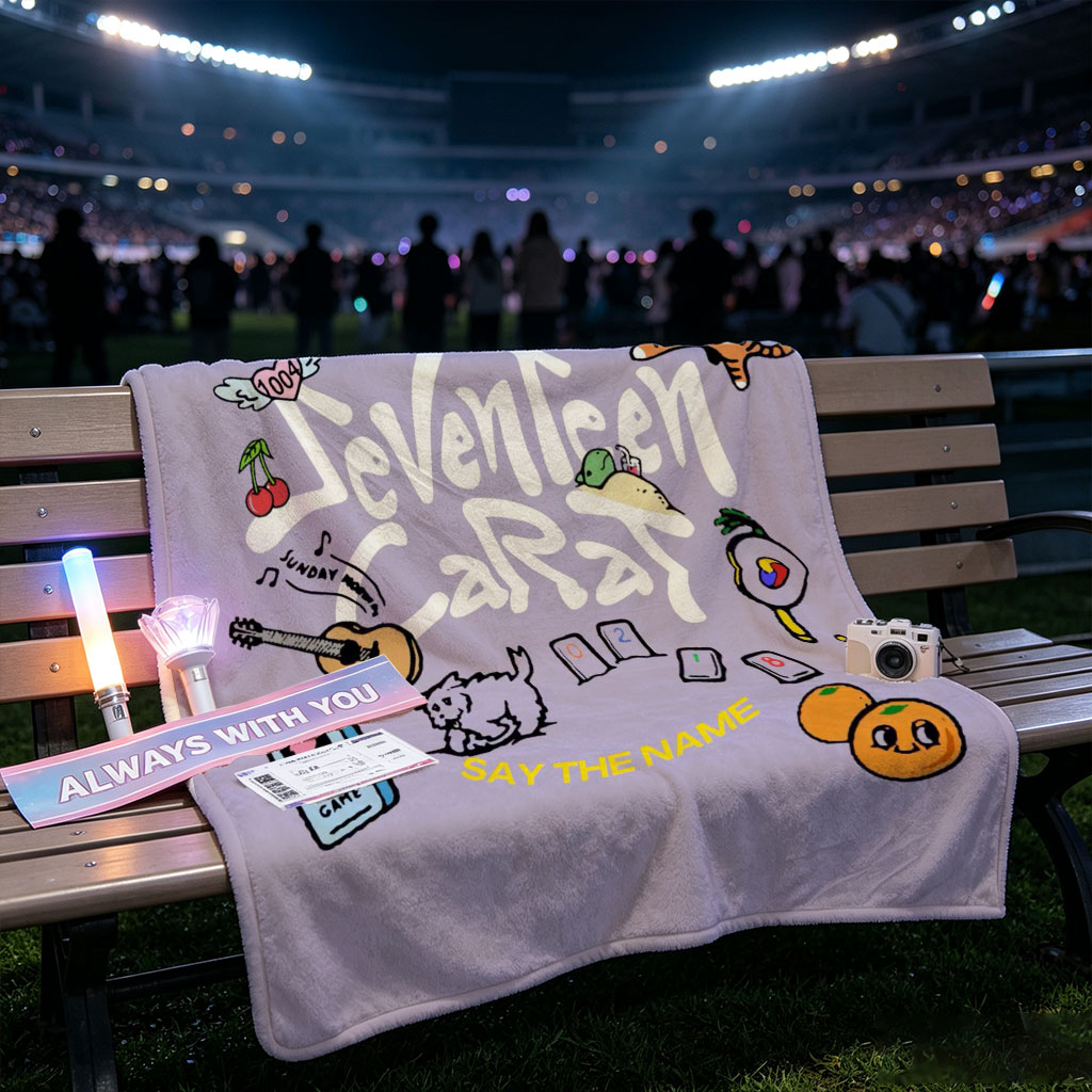 Seventeen Carat Say The Name Album Art Featuring Cats, Guitar, and Cute Icons - Blankets