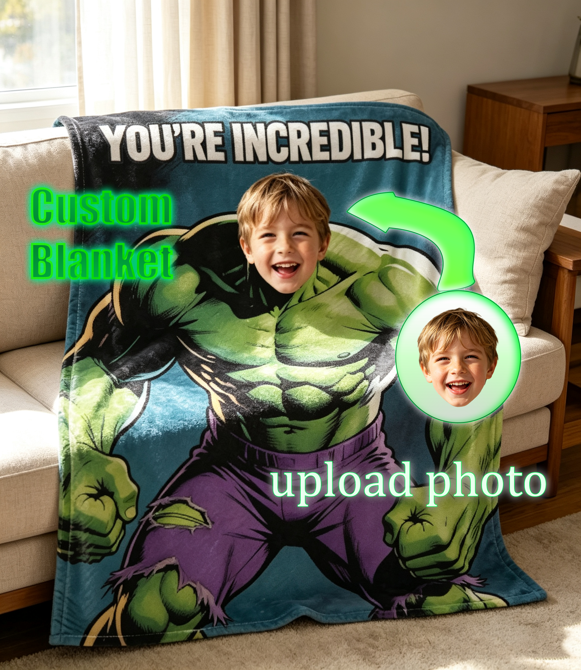 Custom Hulk Personalized Photo Flannel Throw Blanket, Upload Kids Face Superhero Blanket Unique Birthday Gift for Boys