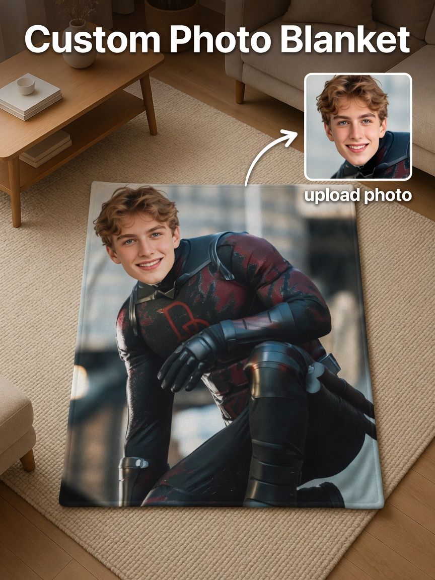 Custom Photo Blanket Personalized Superhero Face Flannel Fleece Throw Soft Warm Keepsake Gift for Bed Couch Travel