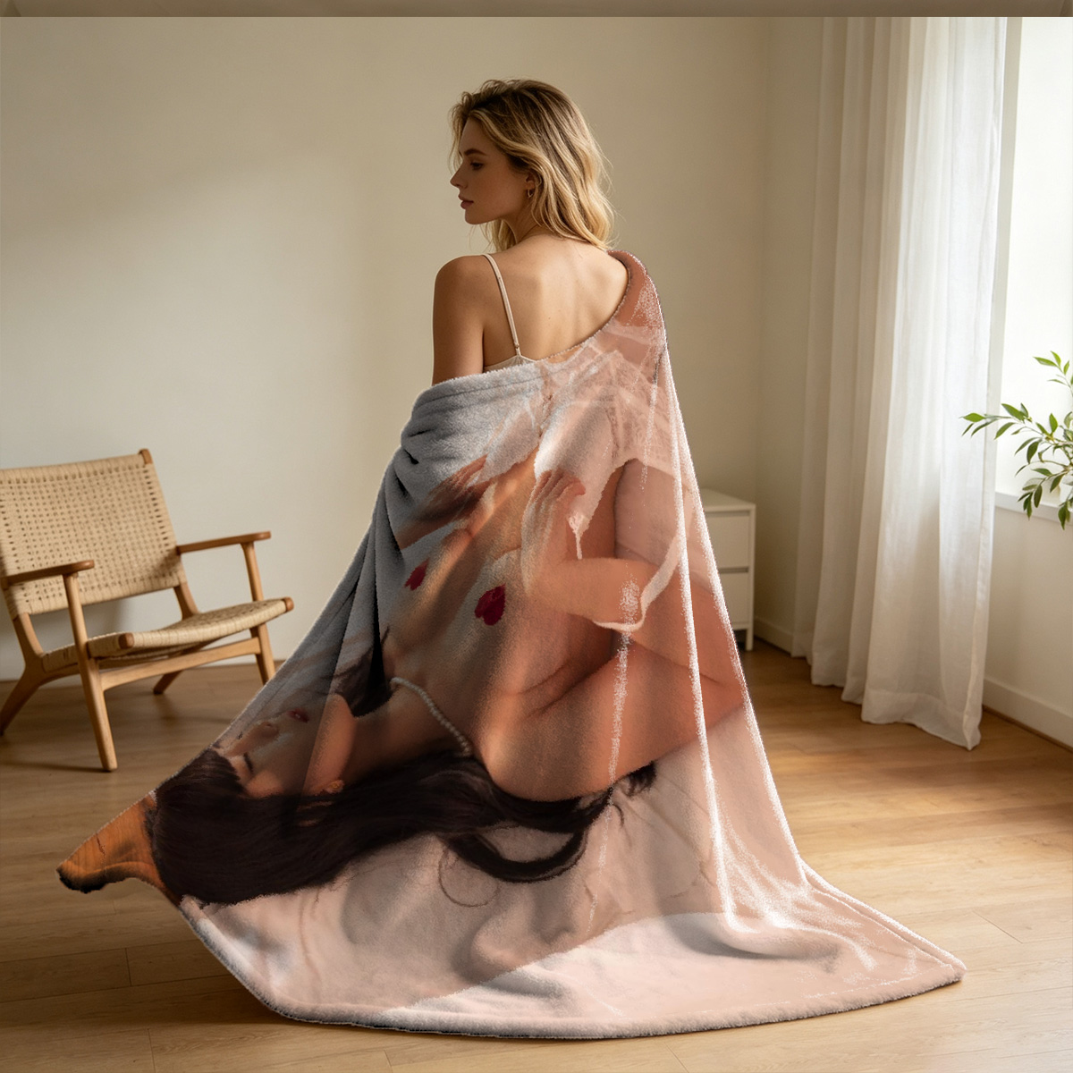 Nude woman with glasses looking back over shoulder in living room. - Blanket