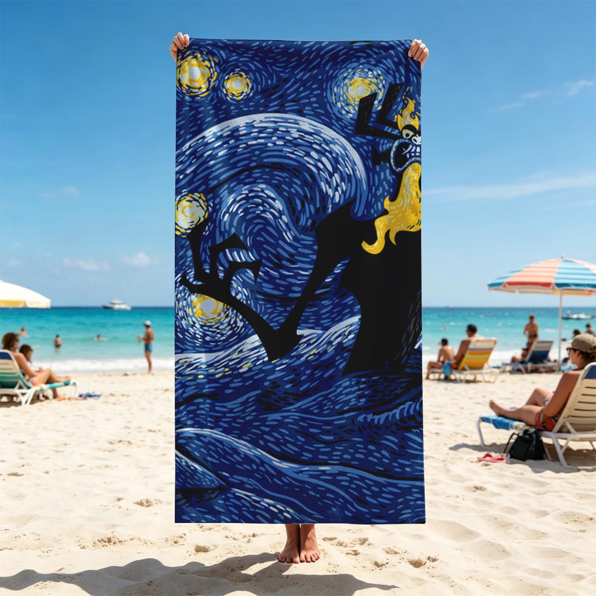 Samurai vs. Fiery Spider in Starry Night Landscape - Beach towels