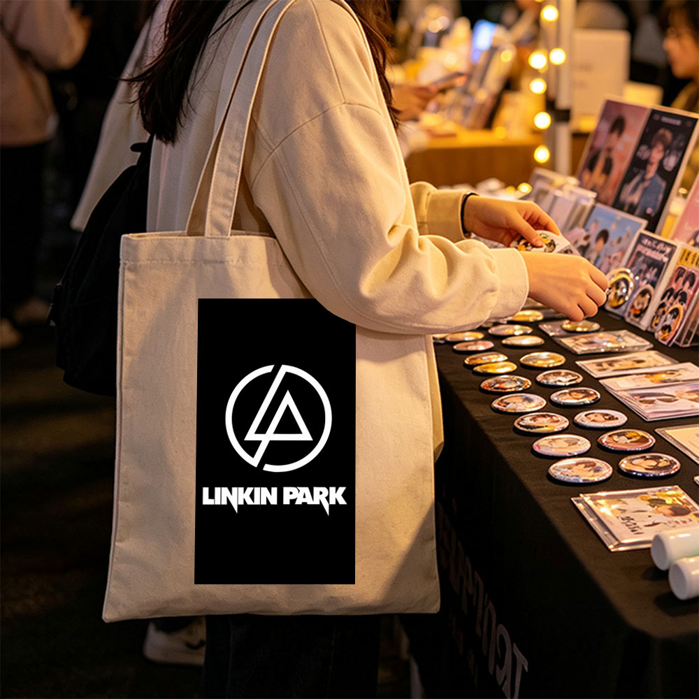 Linkin Park Logo on Black Background with White Symbol and Text - Canvas tote bags