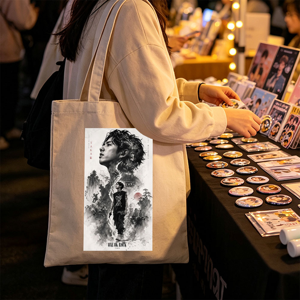 ONE OK ROCK TAKA in a Dramatic Monochrome Portrait with Traditional Japanese Landscape and Urban Elements - Canvas tote bags