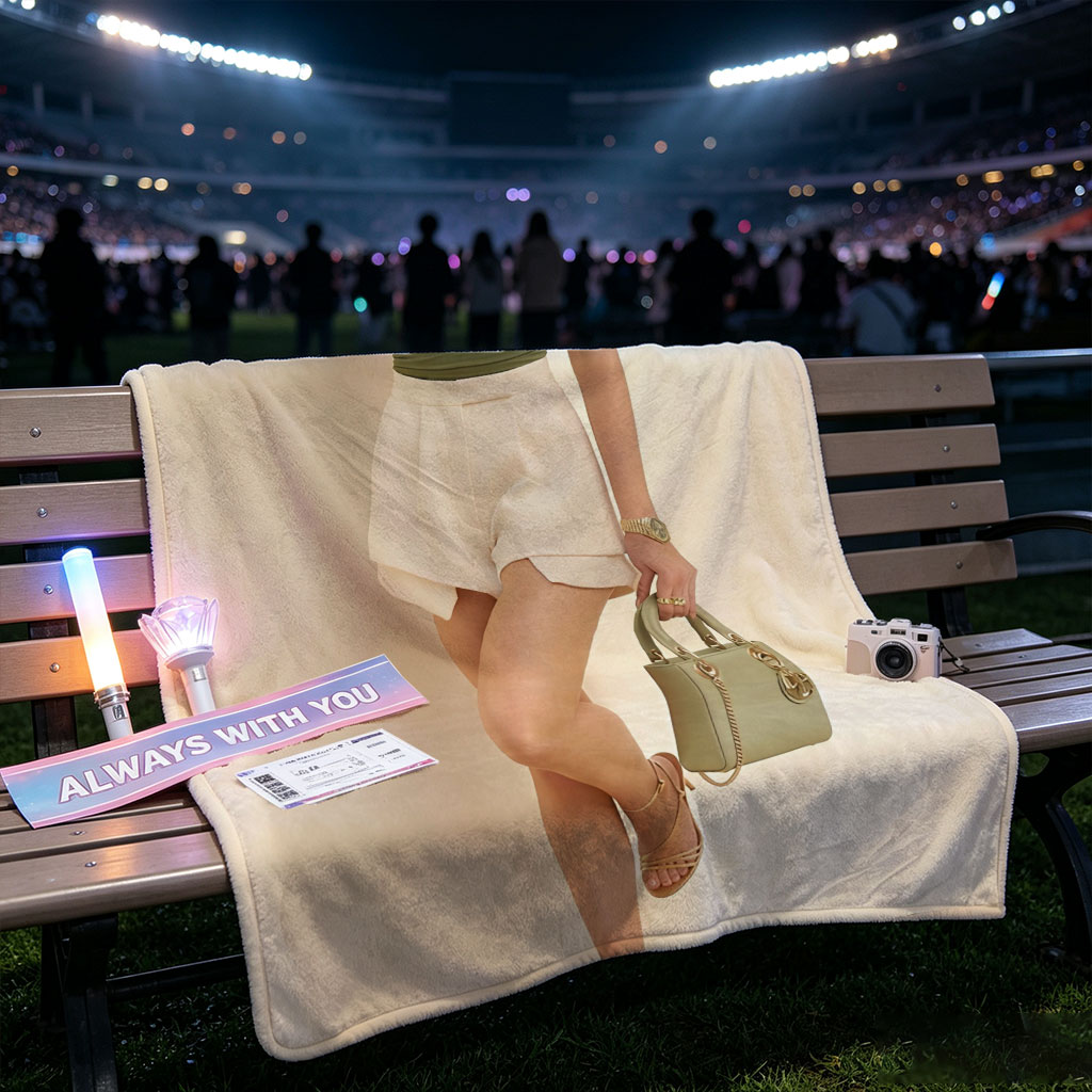 Sabrina Carpenter in a stylish summer outfit featuring a green ruched top and white shorts, accessorized with a matching handbag and gold heels. - Blankets