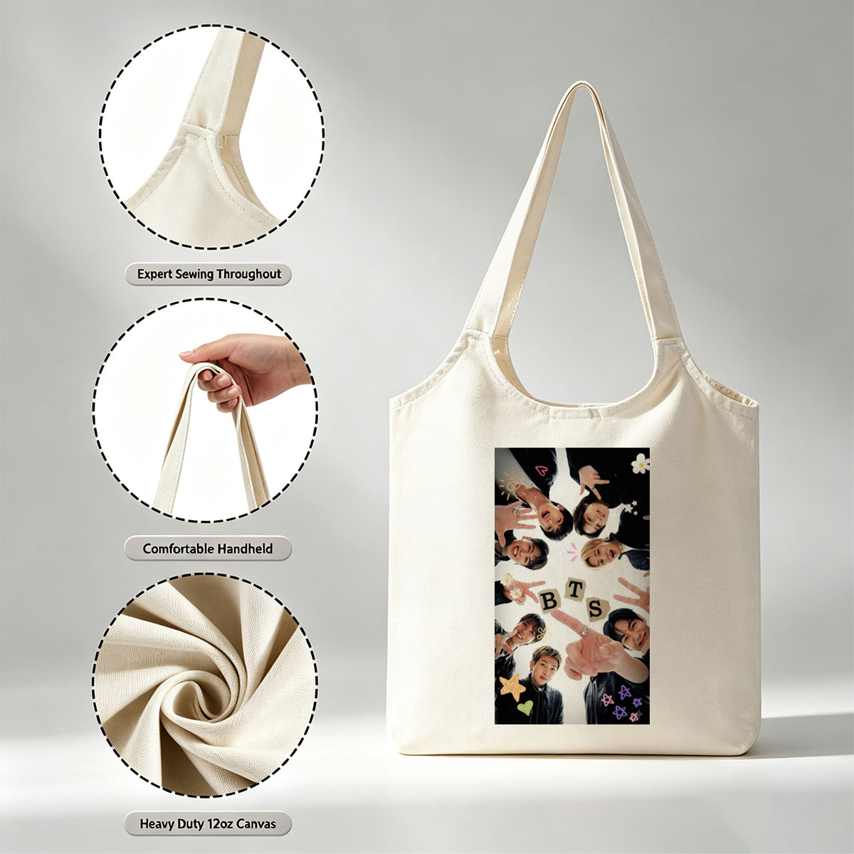 BTS Members in a Circle Forming BTS Letters with Hands and Expressive Poses - Canvas shoulder bags/