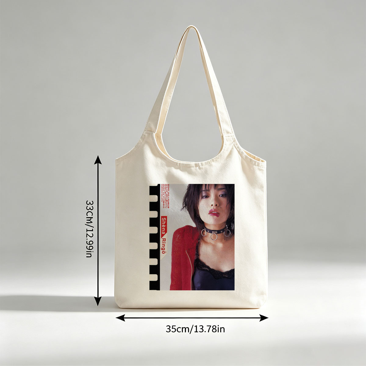 Shena Ringo in a Bold Red Cardigan and Choker Necklace with Edgy Fashion Style - Canvas shoulder bags/
