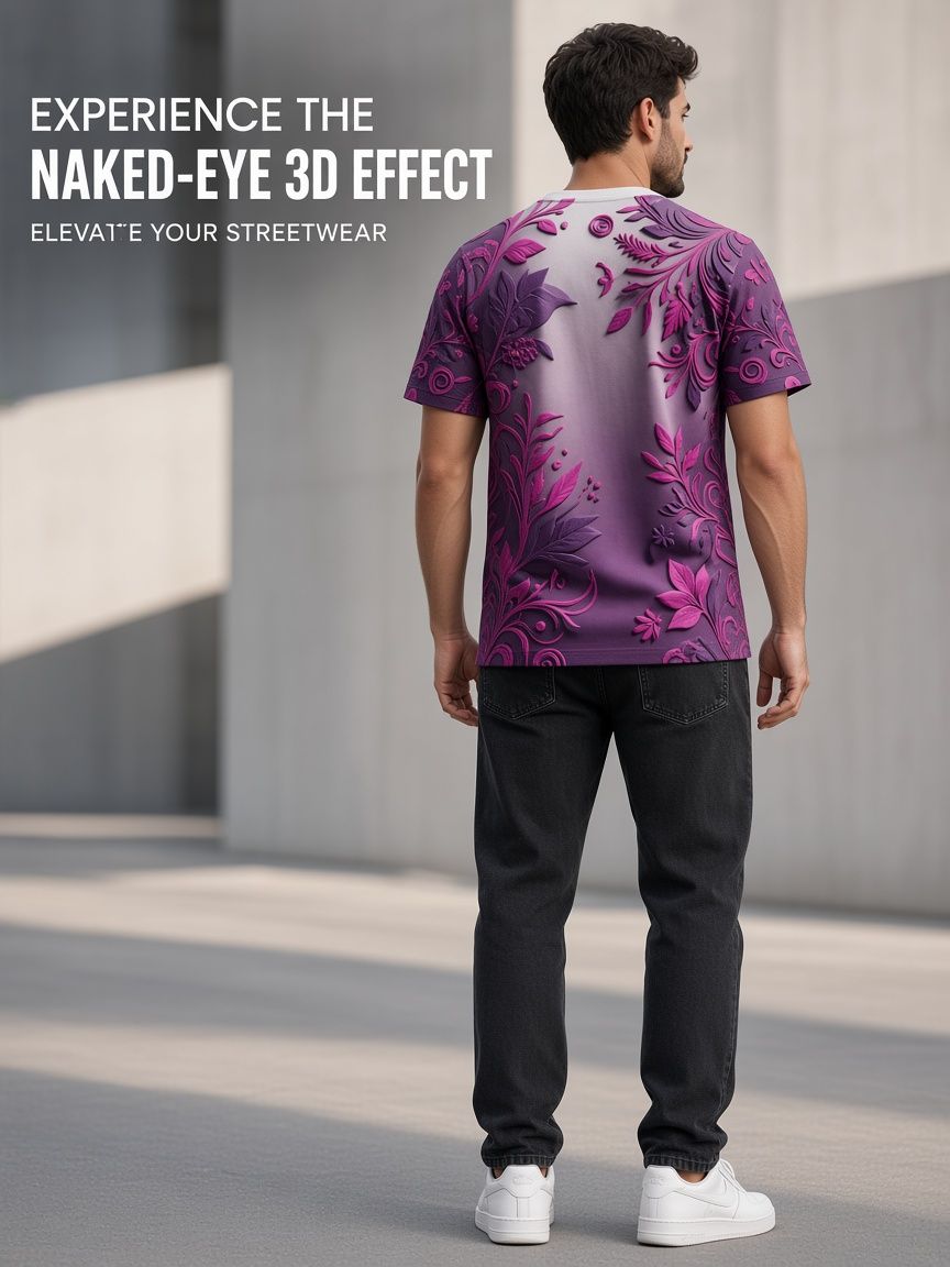 Purple Tiger Floral 3D Optical Illusion Graphic Tee Breathable Athletic Mesh T-Shirt Casual and Sports Wear
