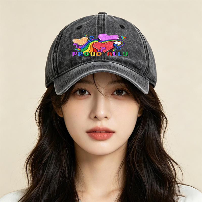 Unisex Classic Washed Cap with Rainbow Hearts and 