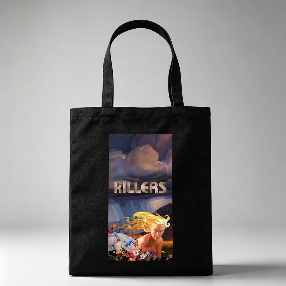 The Killers Dreamy Landscape with Blonde Woman Among Flowers and Butterflies - Canvas tote bags