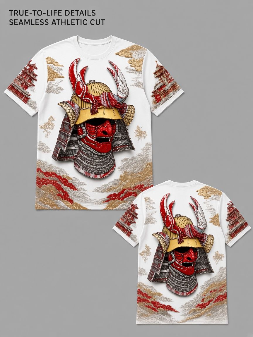 Japanese Samurai 3D Optical Illusion Graphic Tee Breathable Athletic Mesh T-Shirt Casual and Sports Wear