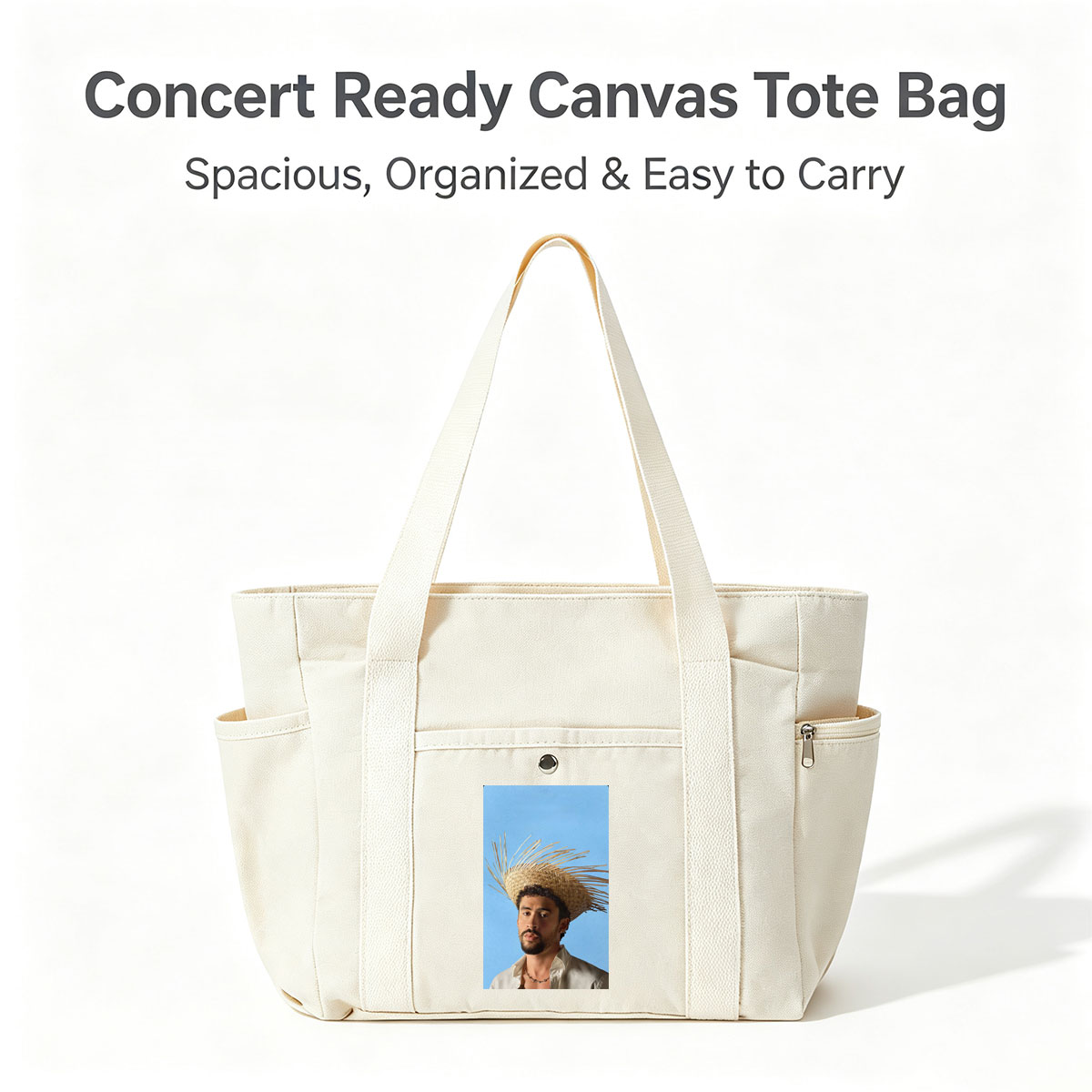 Bad Bunny Wearing a Straw Hat with Spiky Design Against a Blue Background - Multi-pocket bags