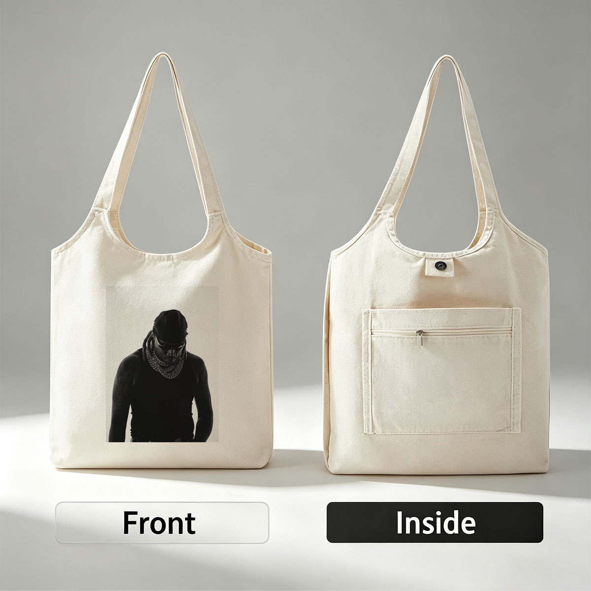 Lil Wayne in a striking black and white portrait wearing a bandana, sunglasses, and a thick chain necklace. - Canvas shoulder bags/