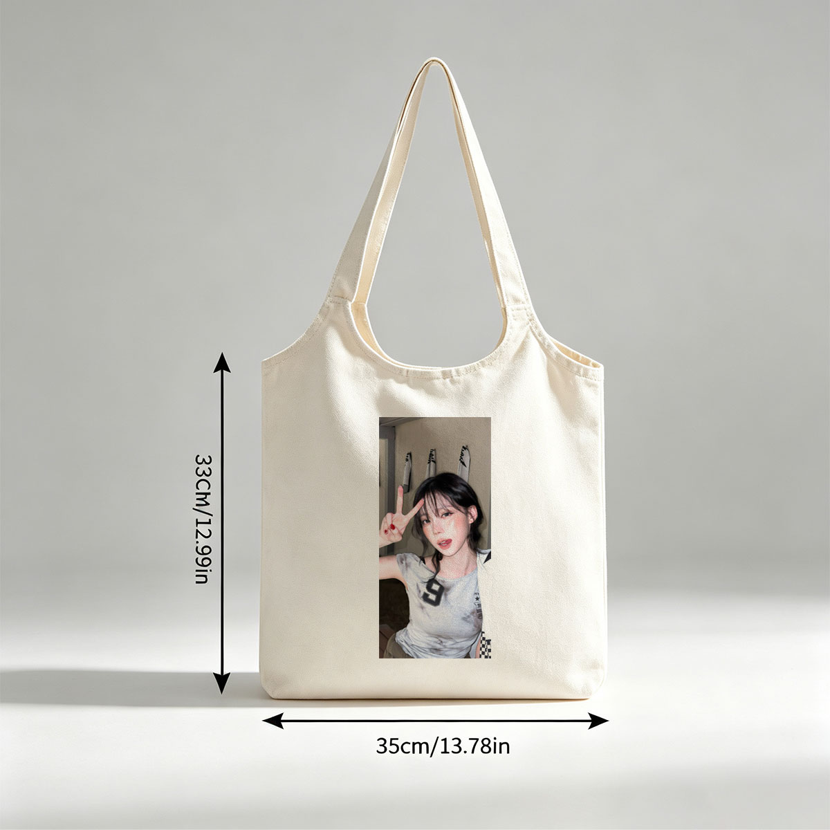 Korean Celebrity in Casual Outfit Making Peace Sign in Indoor Setting - Canvas shoulder bags/